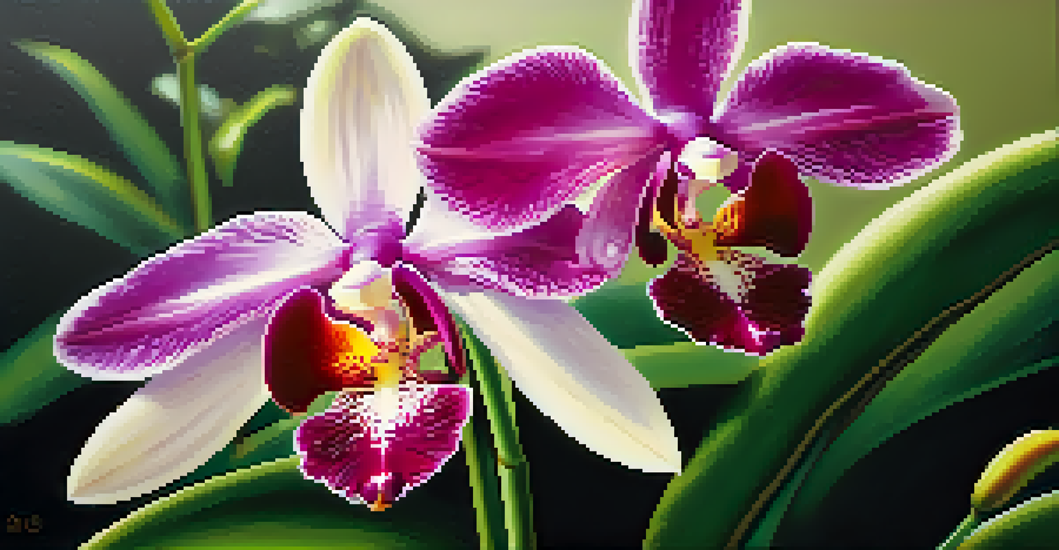 A close-up of a colorful orchid with intricate petals, surrounded by lush greenery and illuminated by soft sunlight.