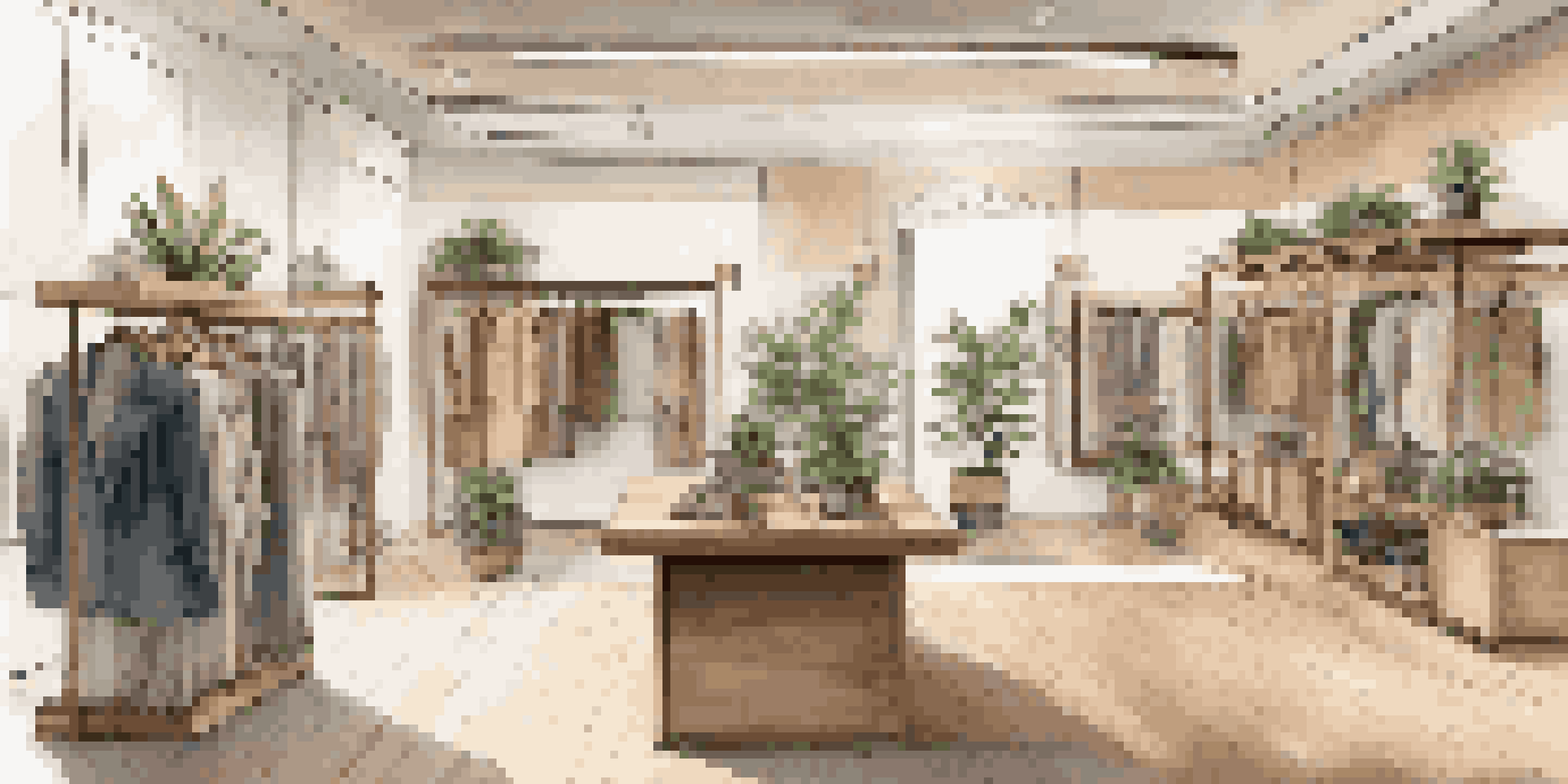 An elegant fashion boutique showcasing sustainable clothing, with natural wood accents and soft lighting.