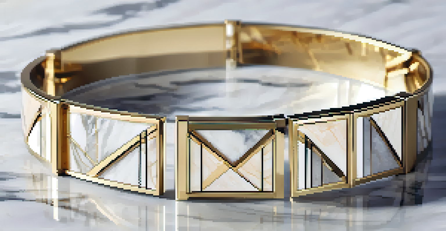 Modern Art Deco-inspired bracelet with geometric patterns on a marble surface, reflecting natural light.