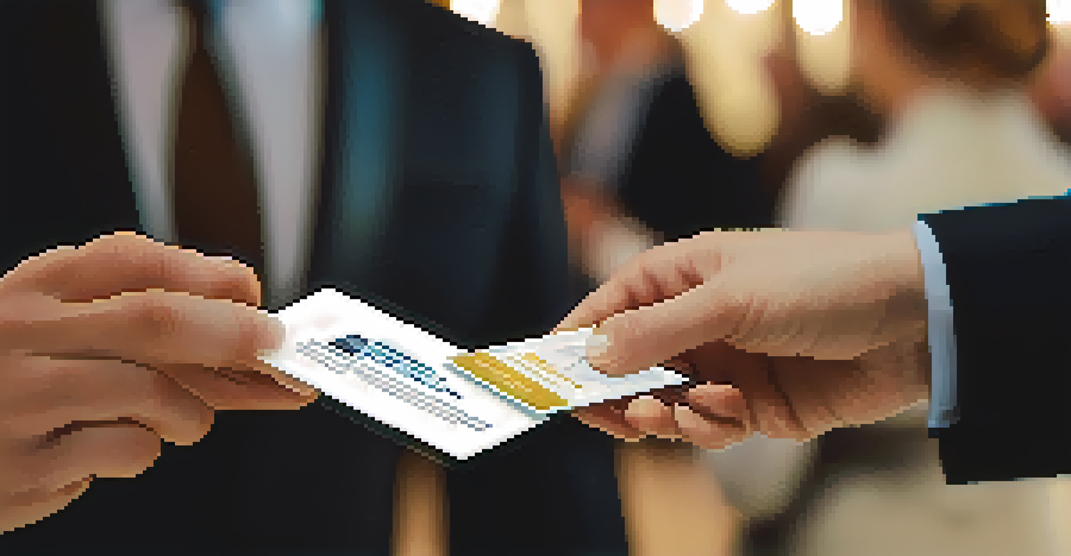 A close-up of hands exchanging a business card at a charity event, with attendees blurred in the background.