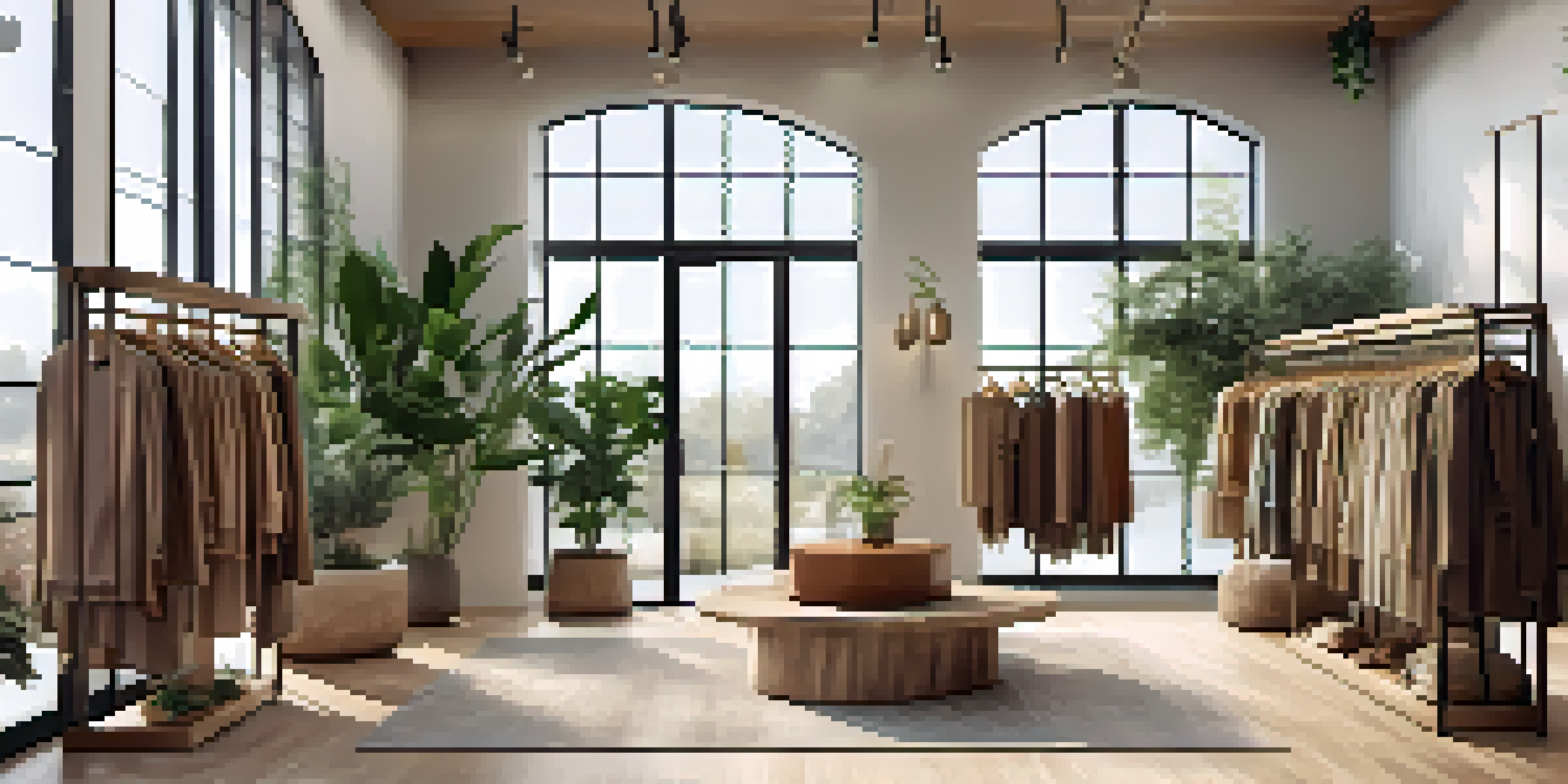 A luxury fashion boutique with sustainable clothing displayed elegantly, featuring natural lighting and indoor plants.