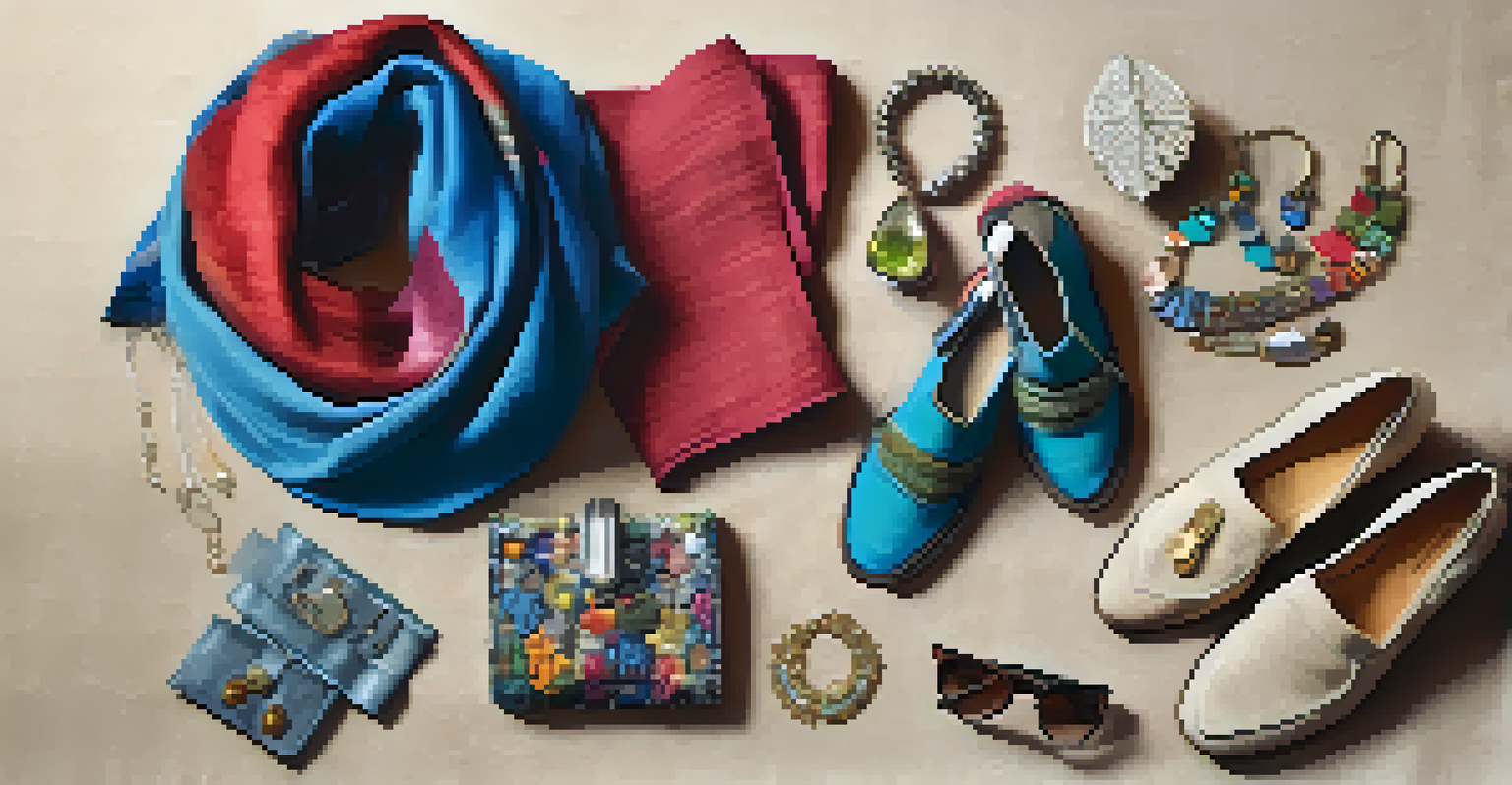 A flat lay of upcycled fashion accessories including jewelry, a scarf, and shoes, arranged on a textured fabric background.