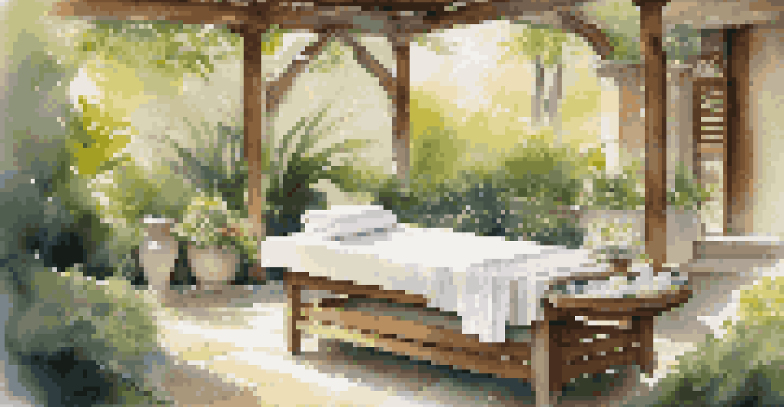 An outdoor luxury spa area with a massage table, surrounded by greenery and a soothing water feature.