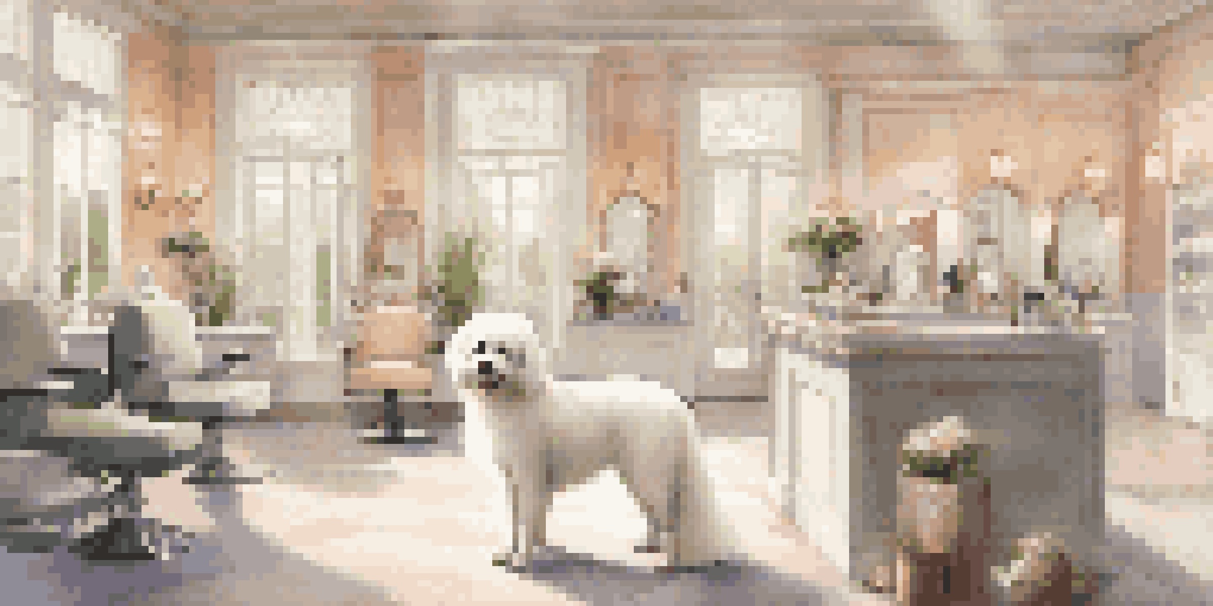 A luxurious pet grooming salon with a fluffy white dog being groomed by a professional, surrounded by elegant decor and soft lighting.