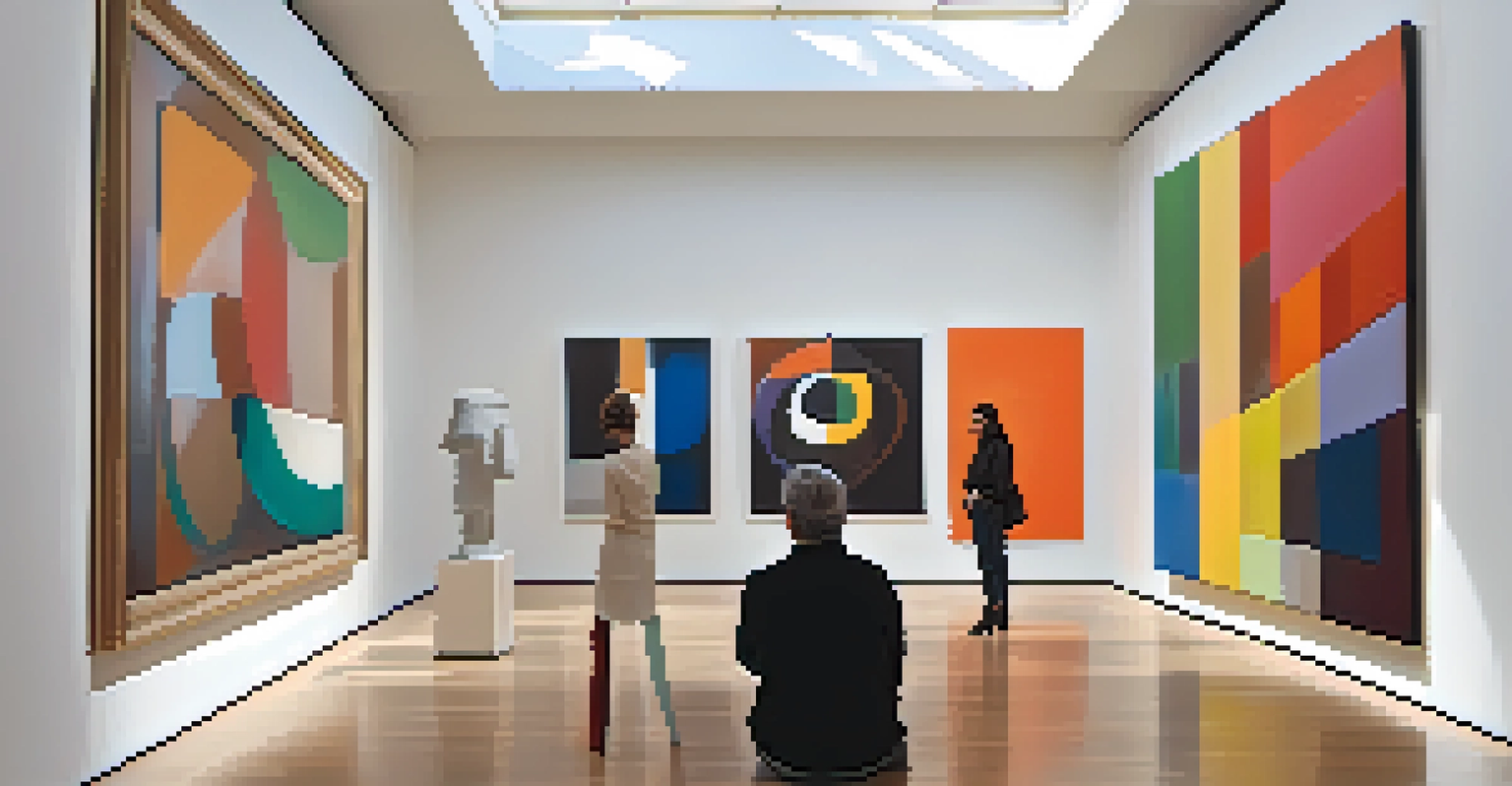 A contemporary art gallery with a sculpture and colorful paintings, filled with visitors appreciating the art.