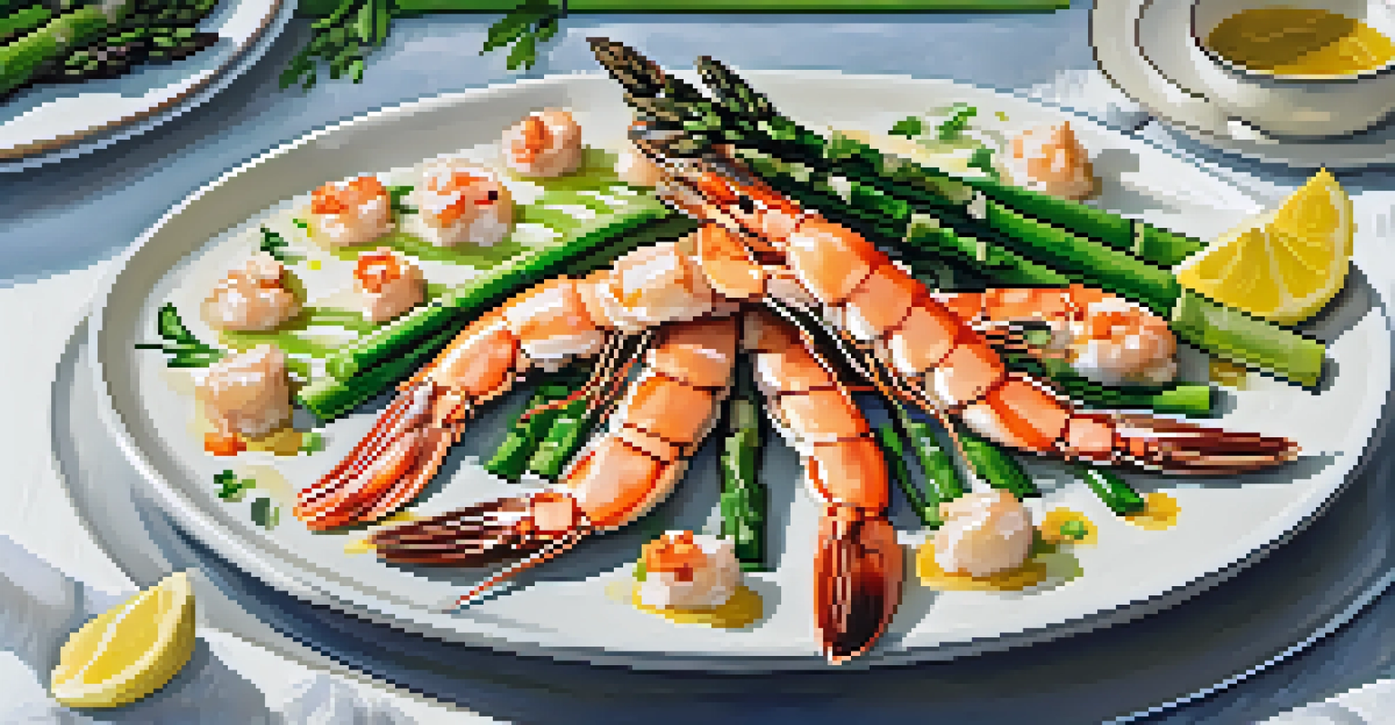 A colorful seafood dish with grilled shrimp and asparagus, artistically arranged on a unique plate with fresh herbs garnish in soft natural lighting.