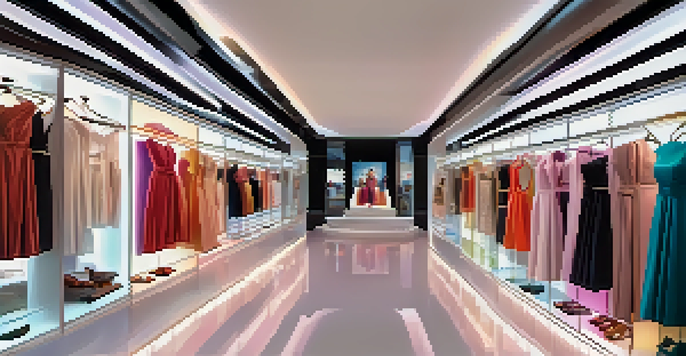 A modern boutique displaying elegant evening dresses made from smart fabrics that change colors, with a sleek interior and ambient lighting.