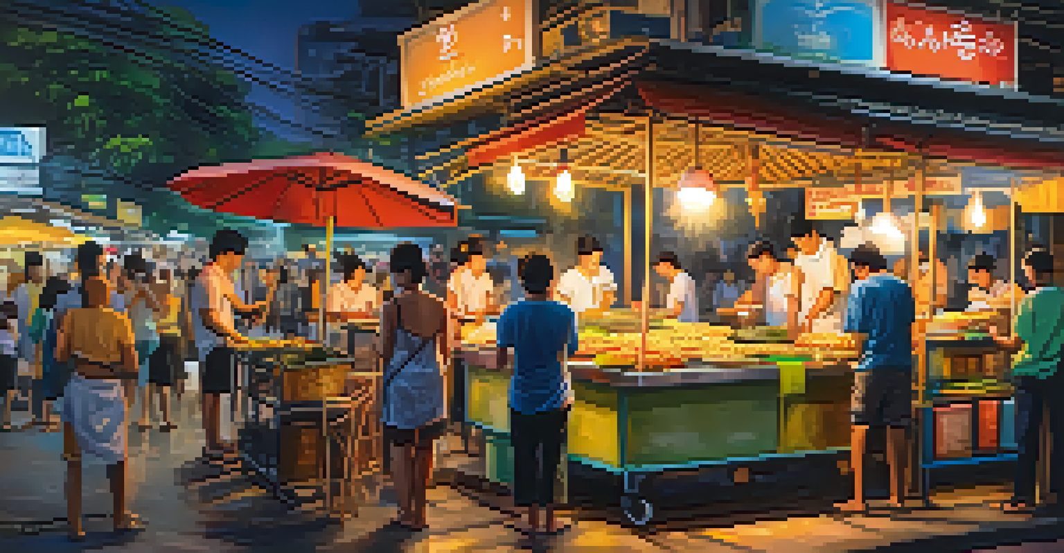 A lively night market in Bangkok with street food vendors serving colorful Thai dishes, illuminated by glowing street lights and filled with people.
