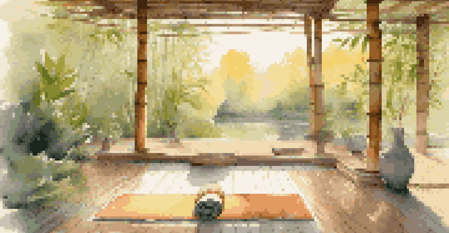 An outdoor yoga deck at a luxury spa surrounded by bamboo trees during sunrise.