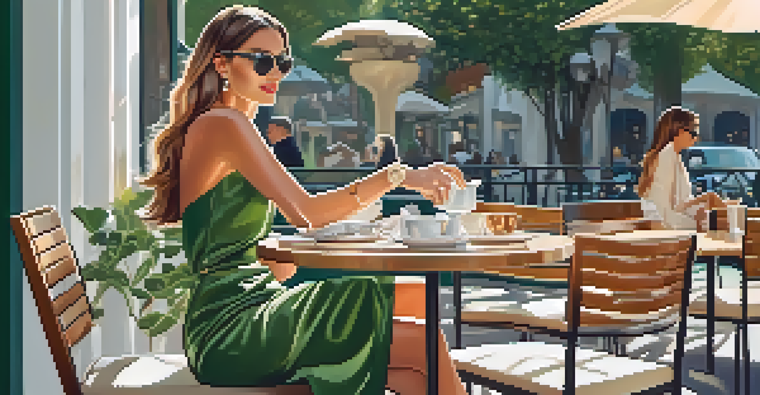 An influencer enjoying gourmet coffee at a stylish outdoor café, dressed in a designer outfit surrounded by greenery.