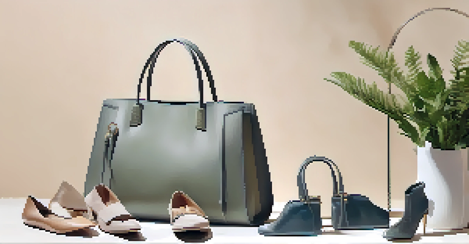 A collection of sustainable luxury fashion items, including a recycled handbag and eco-friendly clothing, presented in a serene setting.