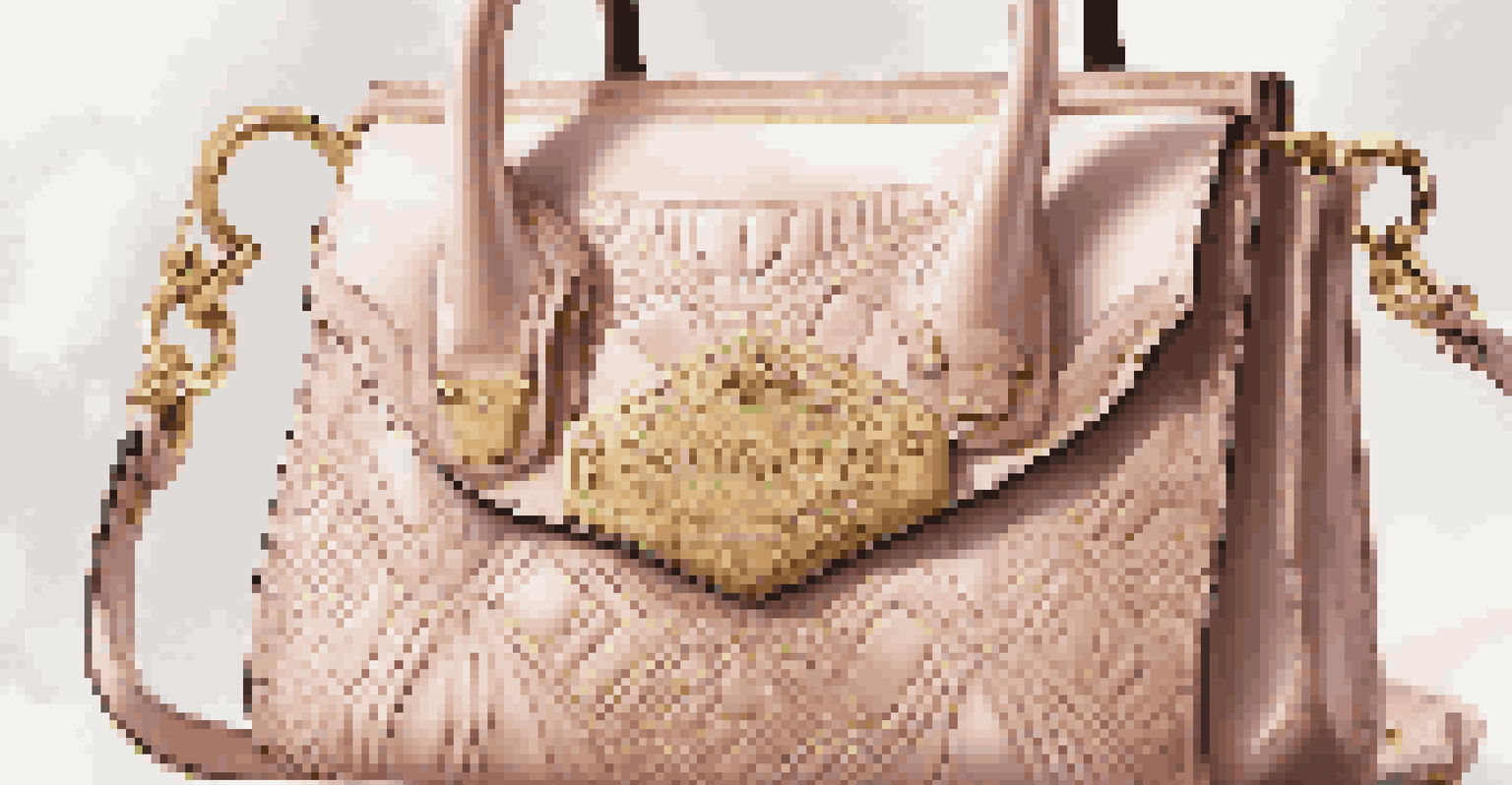 A detailed close-up of a luxurious leather handbag, showcasing its craftsmanship and design elements against a blurred background.