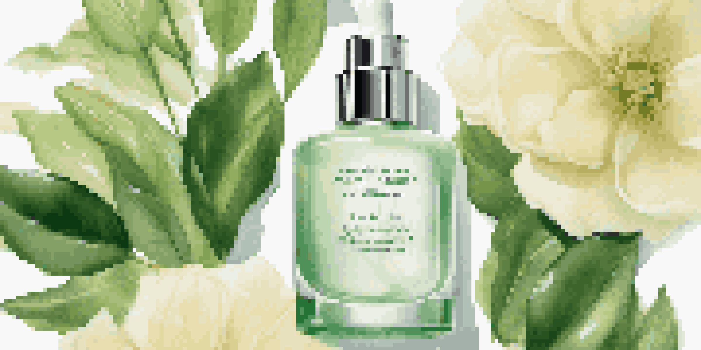 A luxurious skincare serum bottle surrounded by green leaves and flowers, illuminated by soft natural light.