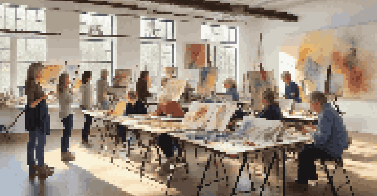 A vibrant art workshop with an instructor teaching painting techniques to a diverse group of collectors.