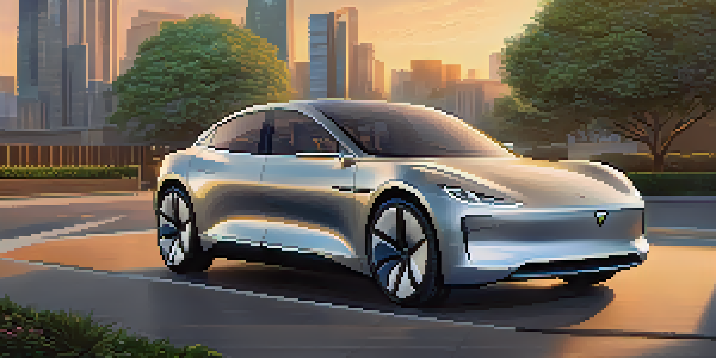 A sleek electric luxury car parked in a peaceful urban environment at sunset, with warm lighting and greenery around.