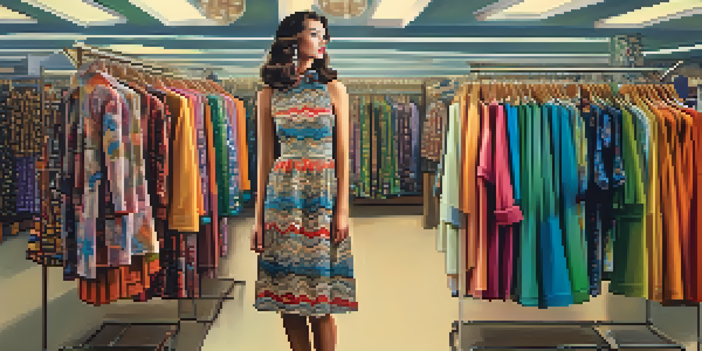 A model in a vintage 1970s dress stands in a colorful thrift store, surrounded by clothing racks.