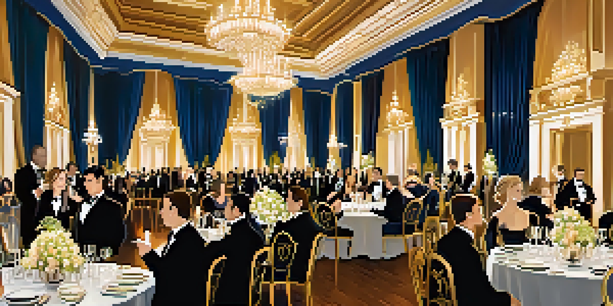 An elegant charity gala in a luxurious ballroom with guests in formal attire mingling and a grand piano in the corner.
