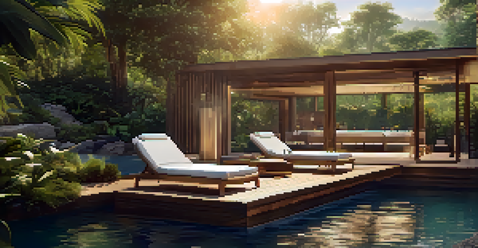 An outdoor luxury spa area with biophilic design, featuring a wooden deck, comfortable lounge chairs, surrounded by greenery and a calming water feature under warm sunlight.