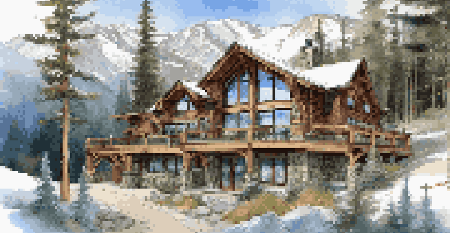 A luxury mountain retreat surrounded by snow-capped mountains and evergreen trees.
