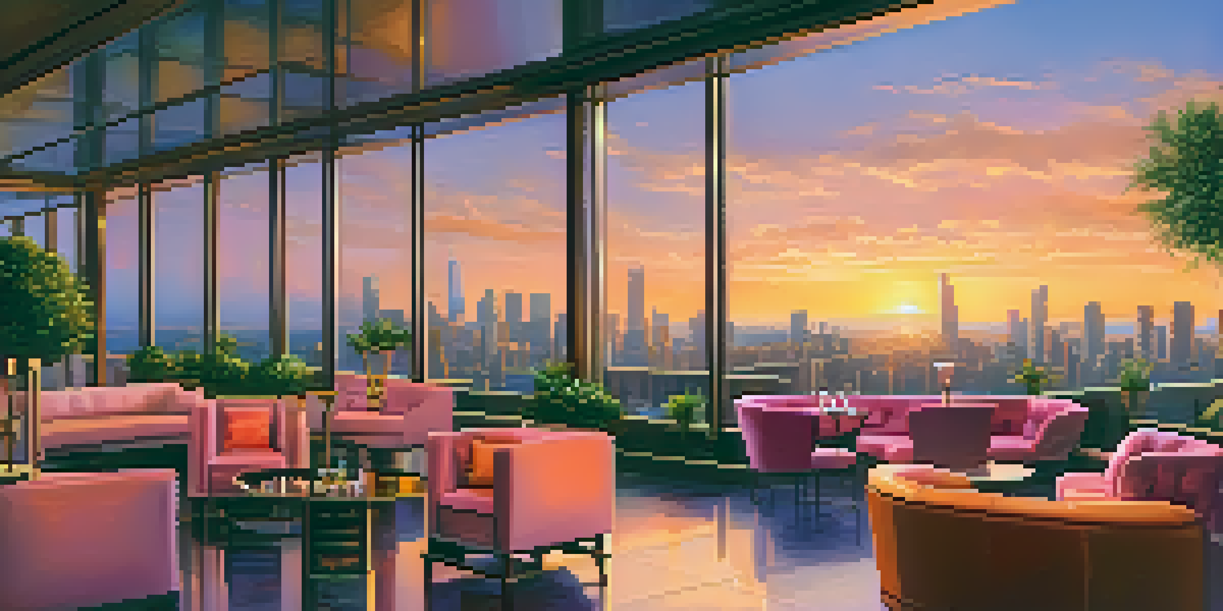 A rooftop lounge with elegant seating and a city skyline at sunset, featuring well-dressed individuals enjoying cocktails.
