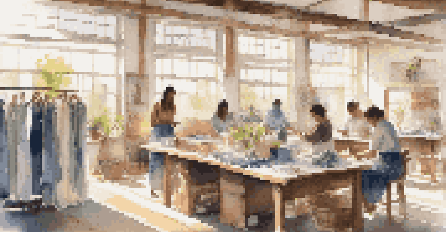 Artisans working in a sustainable fashion workshop, crafting garments from recycled materials in a well-lit environment.