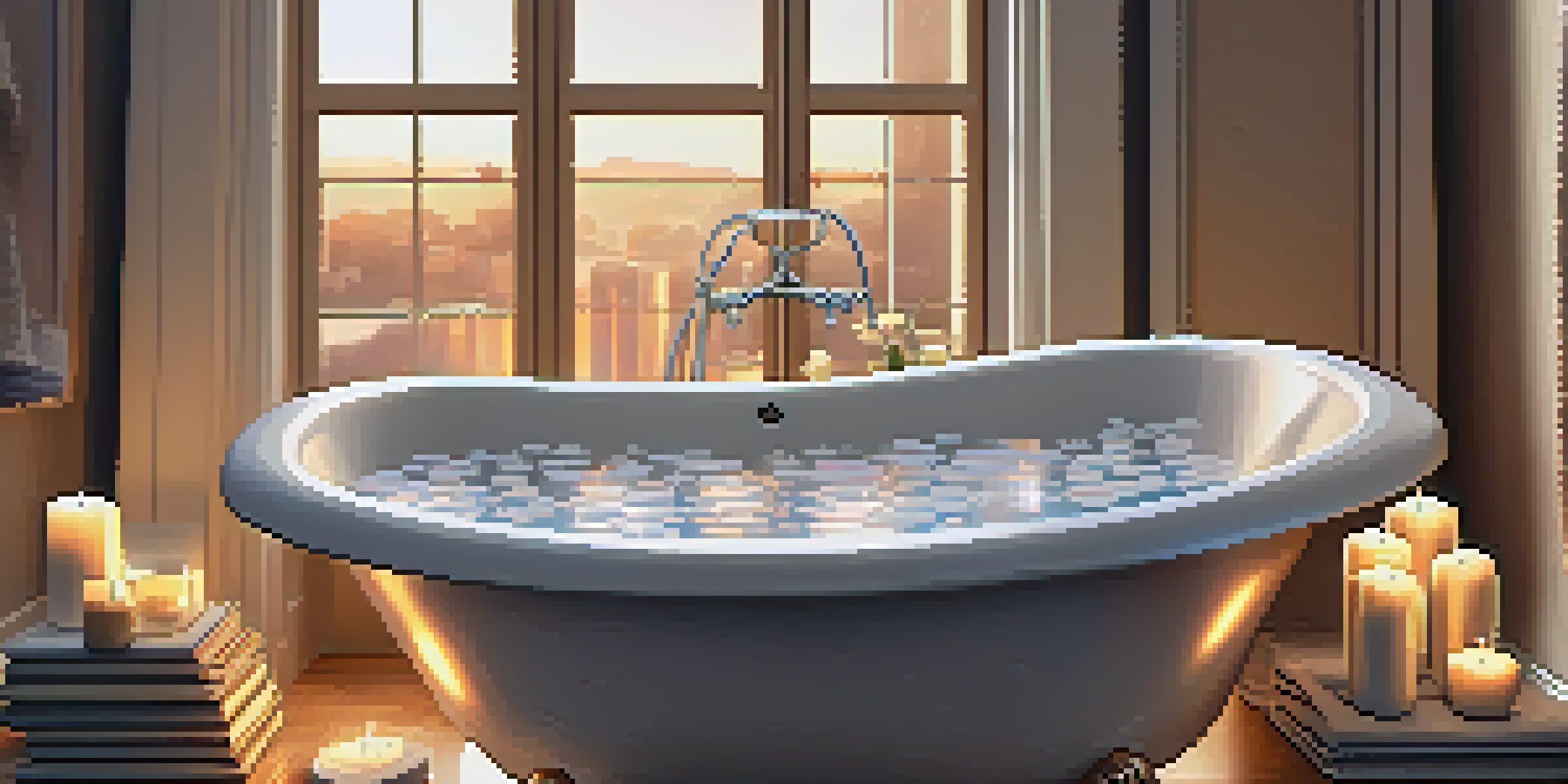 A tranquil bathroom with a bubble-filled bathtub, soft candles, high-quality towels, and a plush bath mat, creating a calming ambiance.
