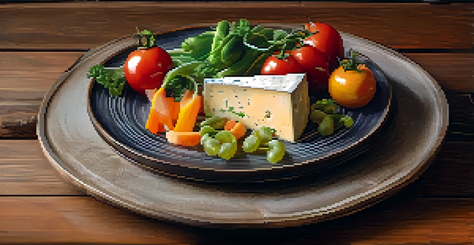 A gourmet dish with seasonal vegetables and cheese on a rustic wooden table, illuminated by natural light.