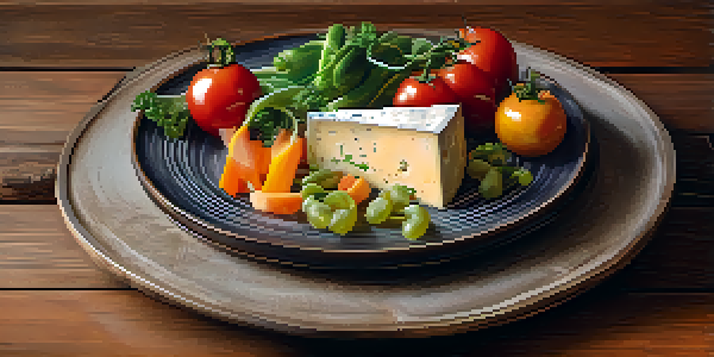 A gourmet dish with seasonal vegetables and cheese on a rustic wooden table, illuminated by natural light.