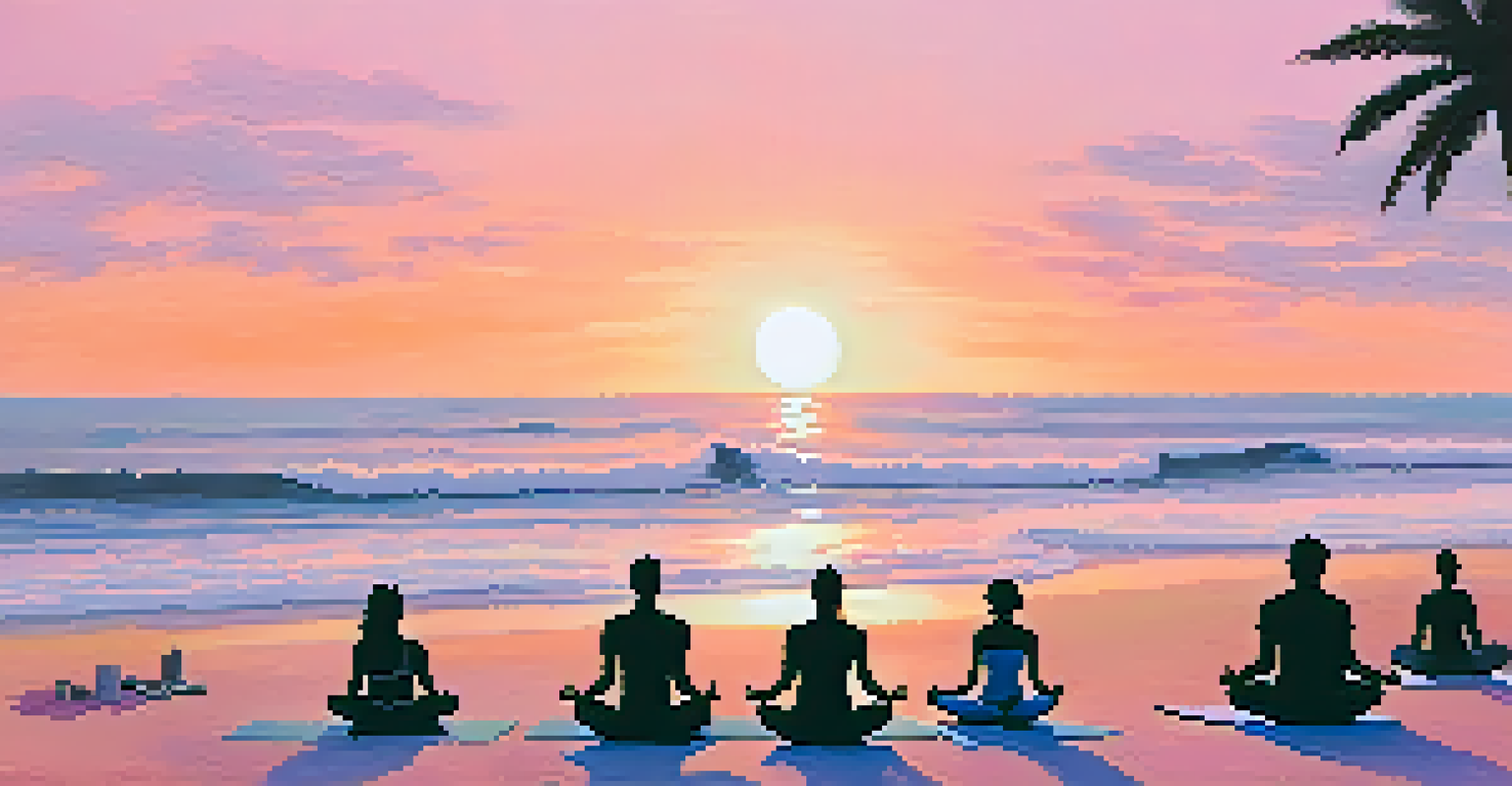 A yoga class on the beach at sunrise, with participants silhouetted against the colorful dawn sky.