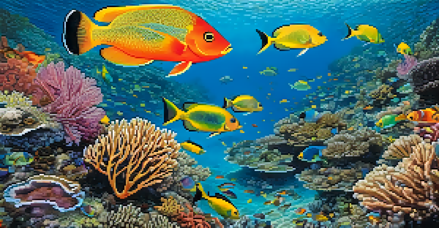 A breathtaking aerial view of coral reefs with colorful fish in clear blue waters, illuminated by sunlight.