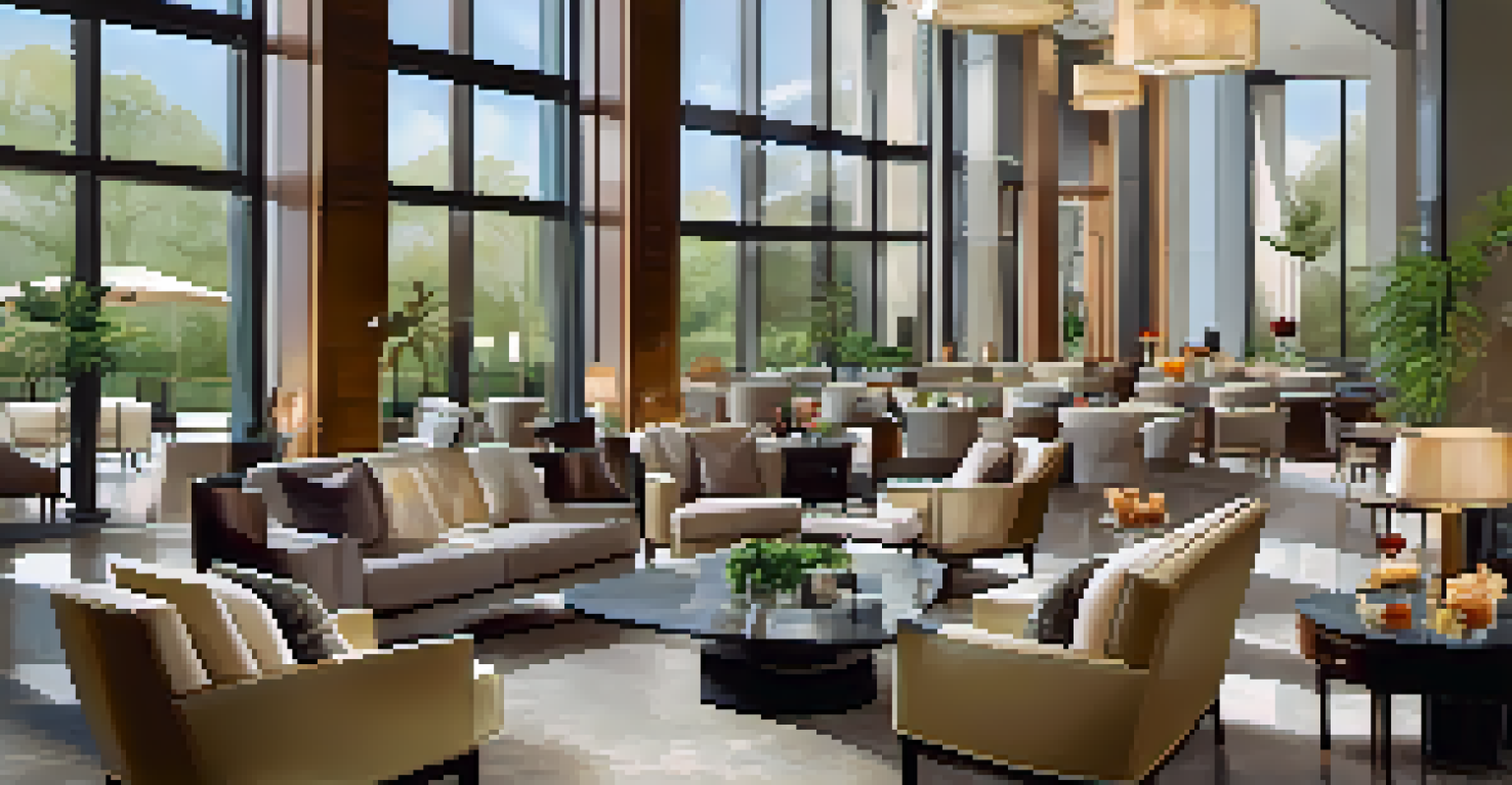A sophisticated corporate retreat in a chic hotel lobby with guests discussing ideas over gourmet coffee.