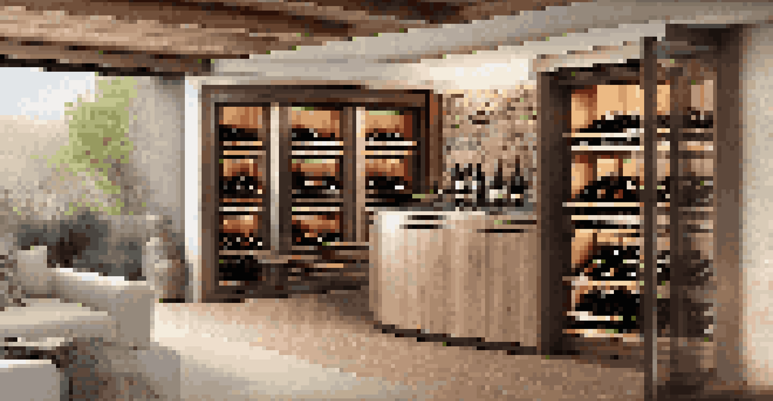 A modern wine cellar with automated controls, showcasing a mix of rustic and contemporary design elements.