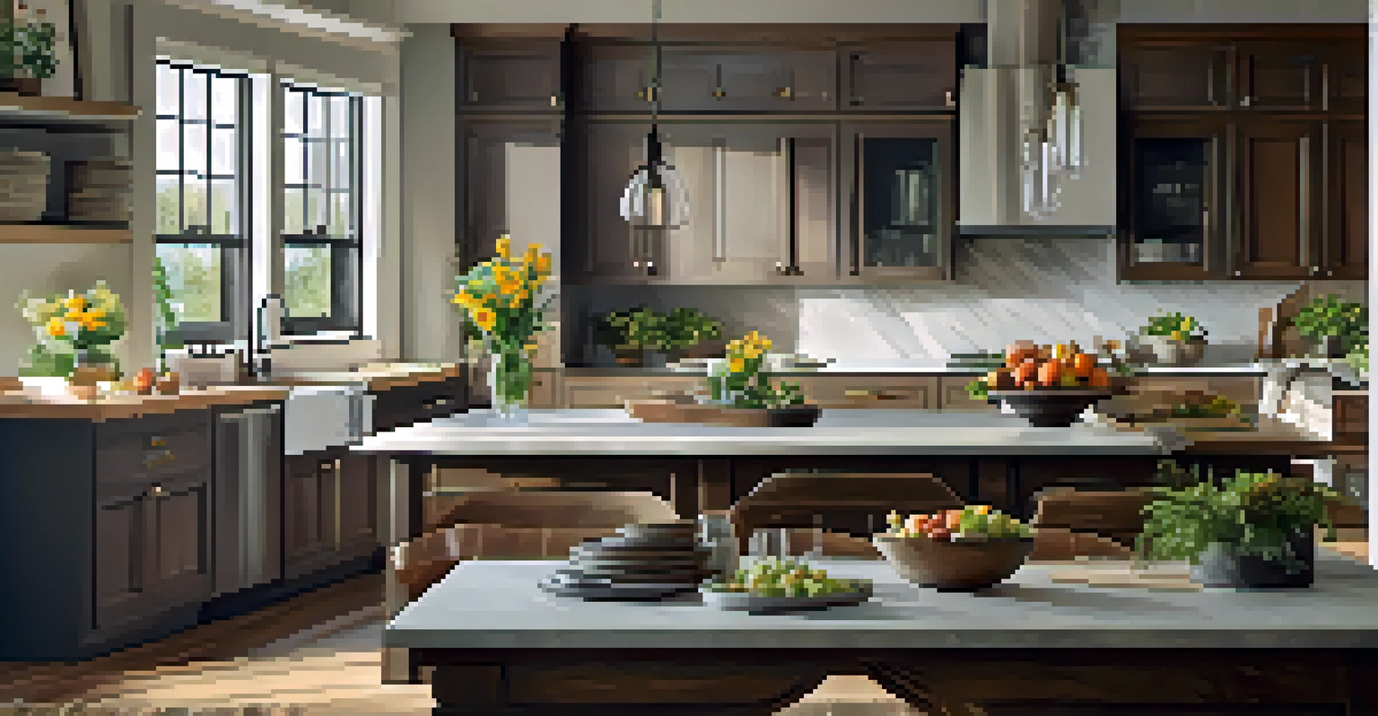 A cozy kitchen with a dark wooden island, fresh flowers, and cookbooks, bathed in natural light to create a welcoming ambiance.