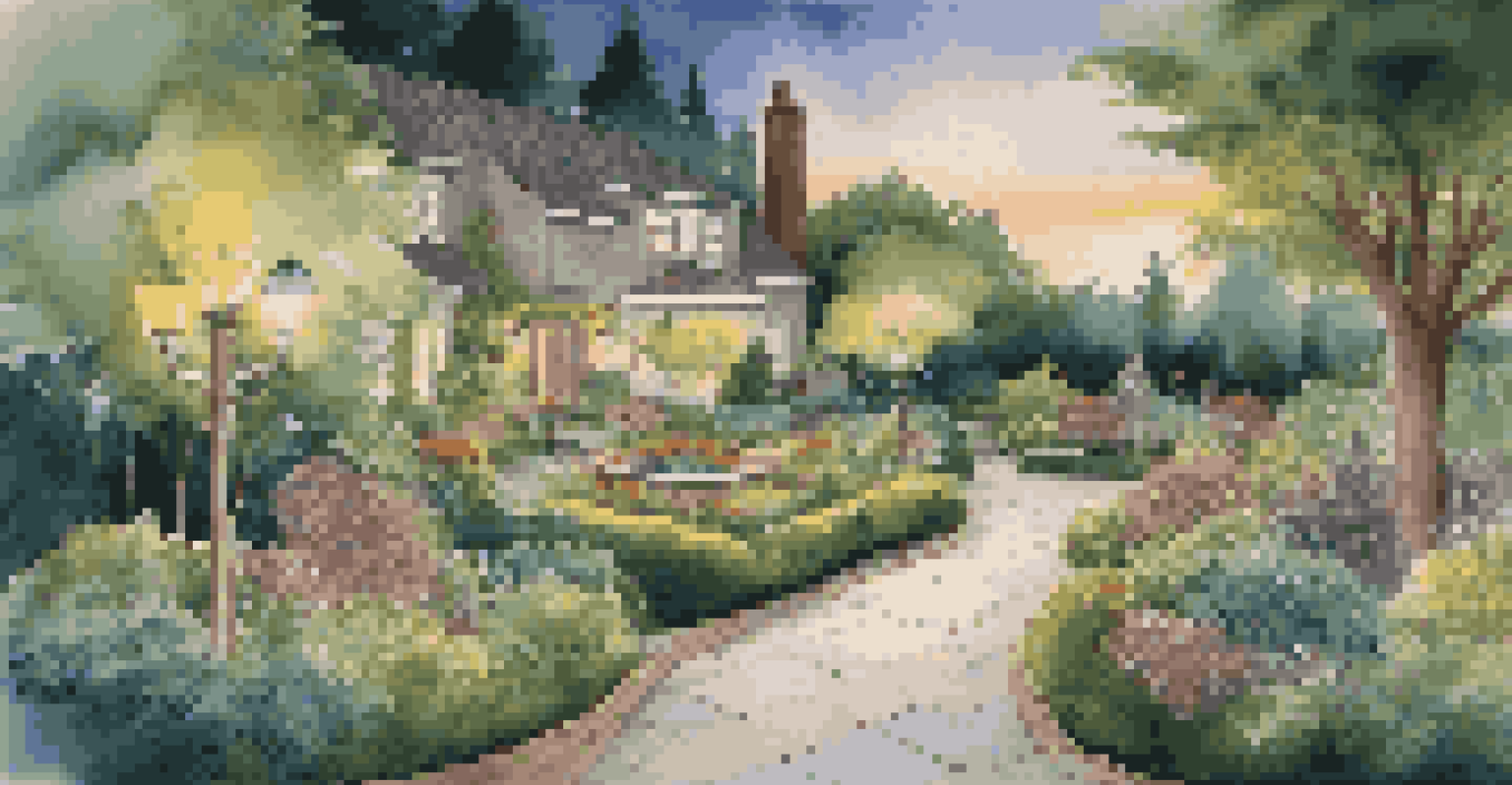 A landscaped garden with evergreen and seasonal plants, a pathway, and decorative lights during twilight.