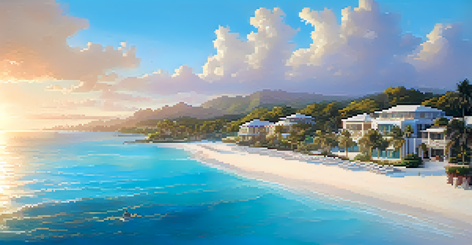 Aerial view of a luxury beach resort with turquoise waters and sandy beaches during sunset.