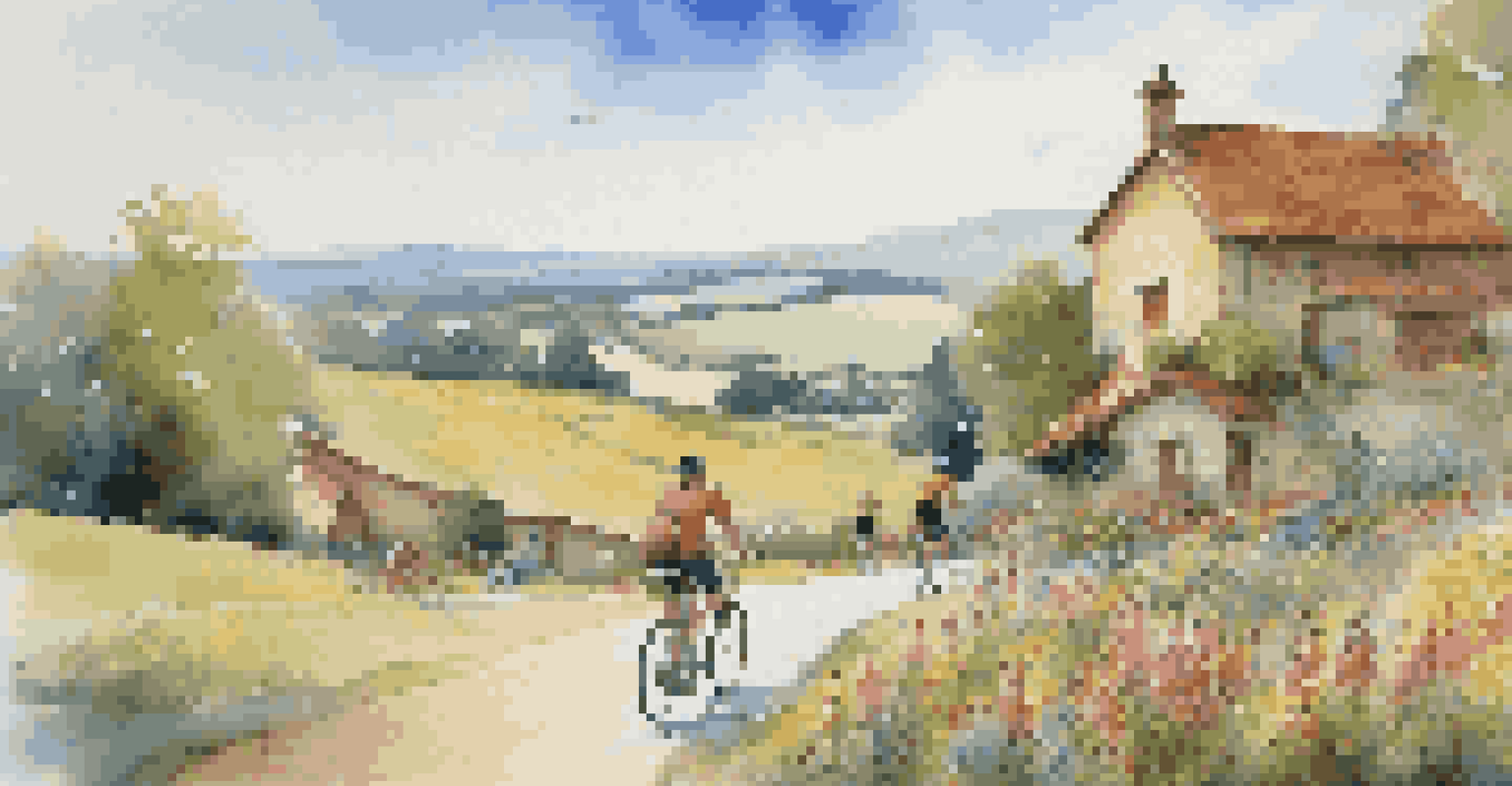 Cyclists on a biking tour through rolling hills and wildflowers, stopping at a quaint café in a scenic village.