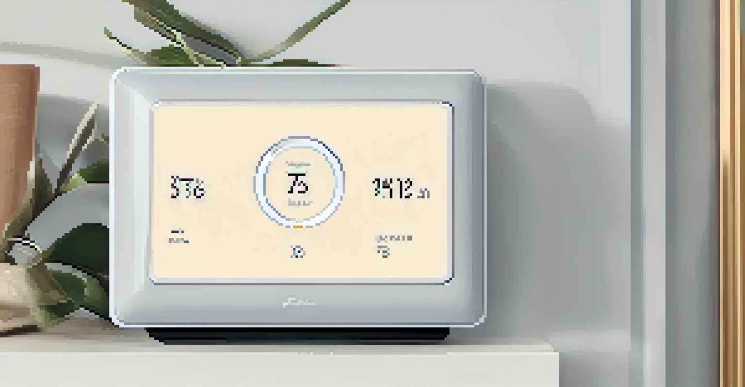 A close-up view of a smart thermostat mounted on a stylish wall with decorative elements.