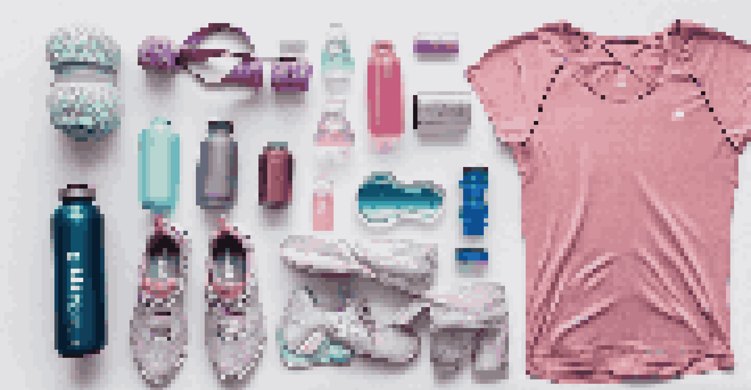 A flat lay of luxury fitness items including stylish workout clothes and accessories, arranged aesthetically on a textured surface.