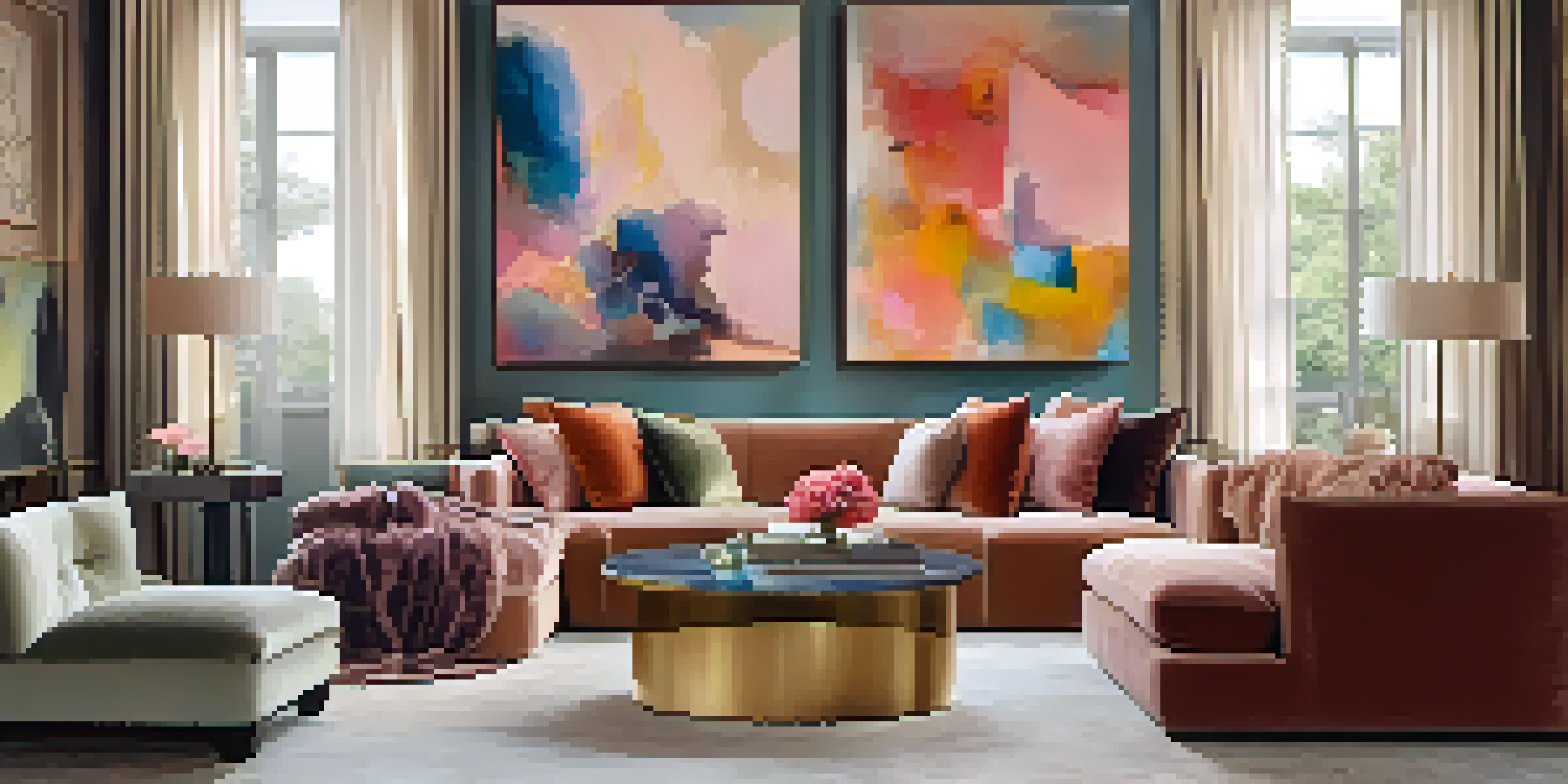 A sophisticated living room with a vibrant abstract painting, elegant furniture, and warm ambient lighting.
