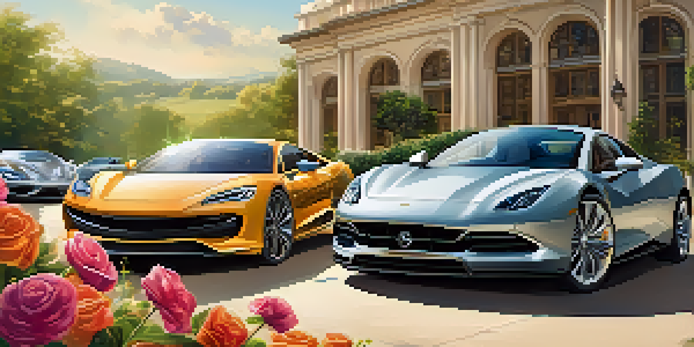 A luxury automotive test drive event with high-end cars and attendees engaging in a beautiful outdoor venue.
