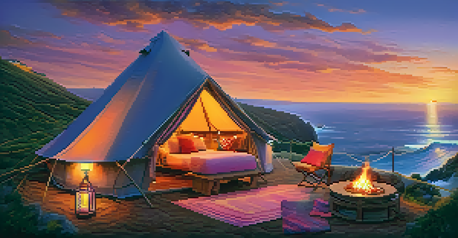 An elegant glamping setup on a cliff with a tent and a sunset view of the ocean, featuring a dinner table with gourmet dishes.
