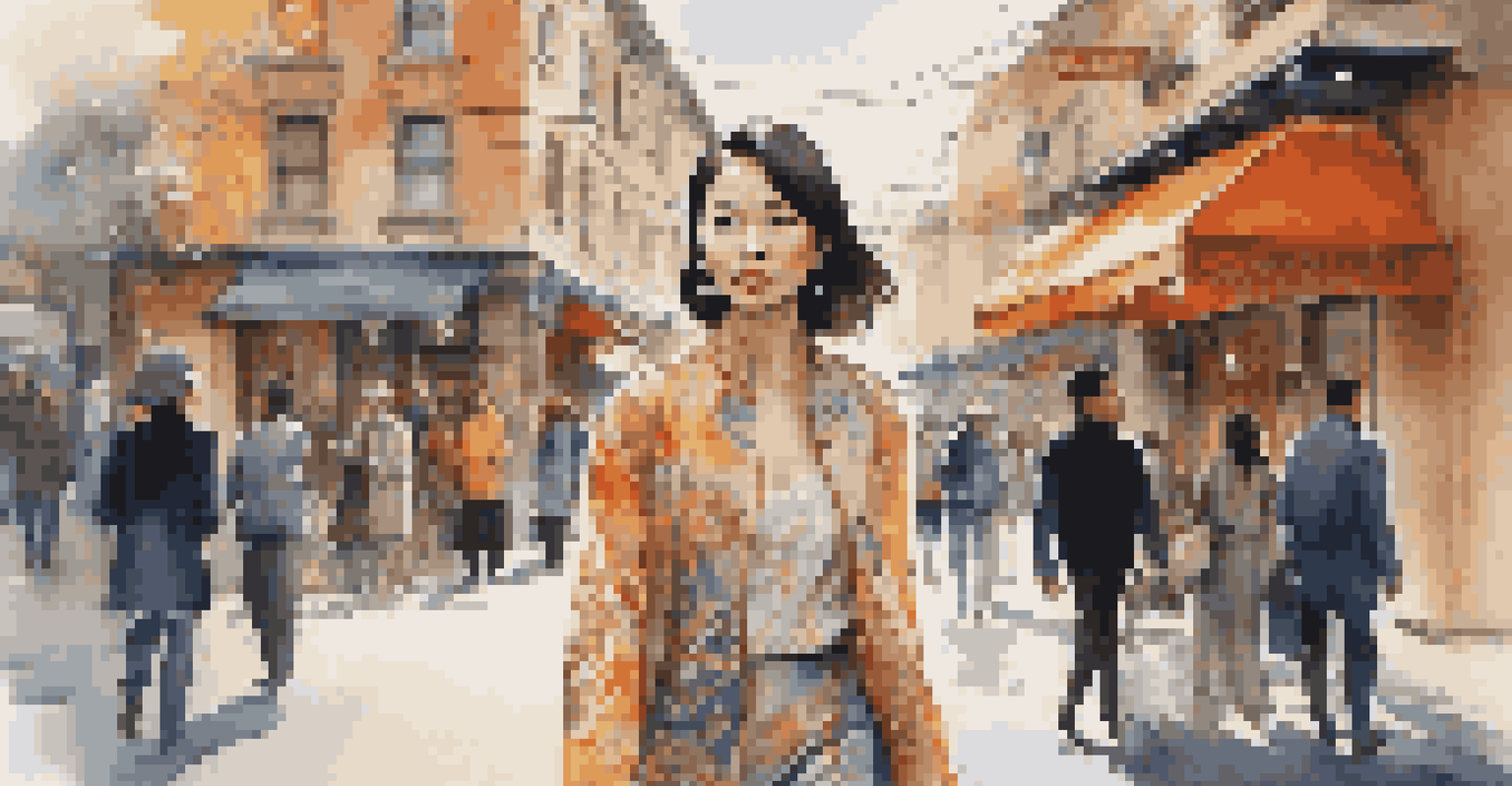 A young Asian woman in a stylish luxury outfit walking in a vibrant urban environment, with street art and high-end stores in the background.