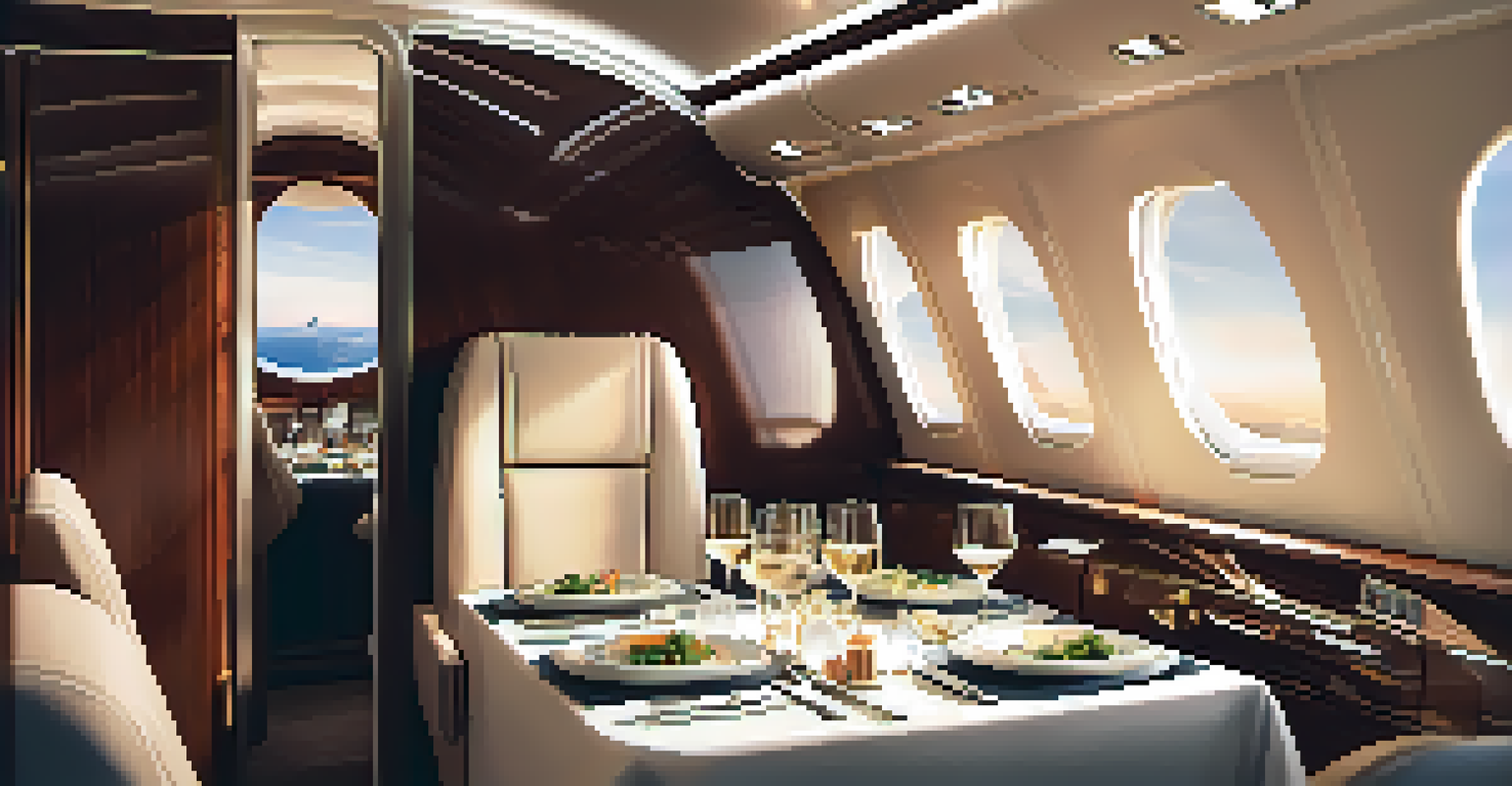 An upscale dining setup inside a private jet, featuring gourmet dishes, elegant cutlery, and champagne, with clouds visible through the window.