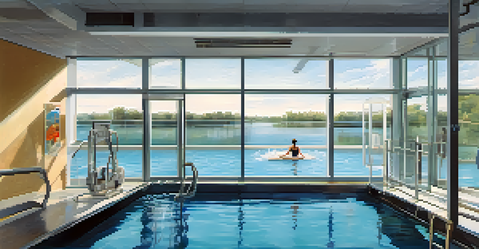 An underwater treadmill in a hydrotherapy facility, with a person exercising in the water, surrounded by a bright environment.