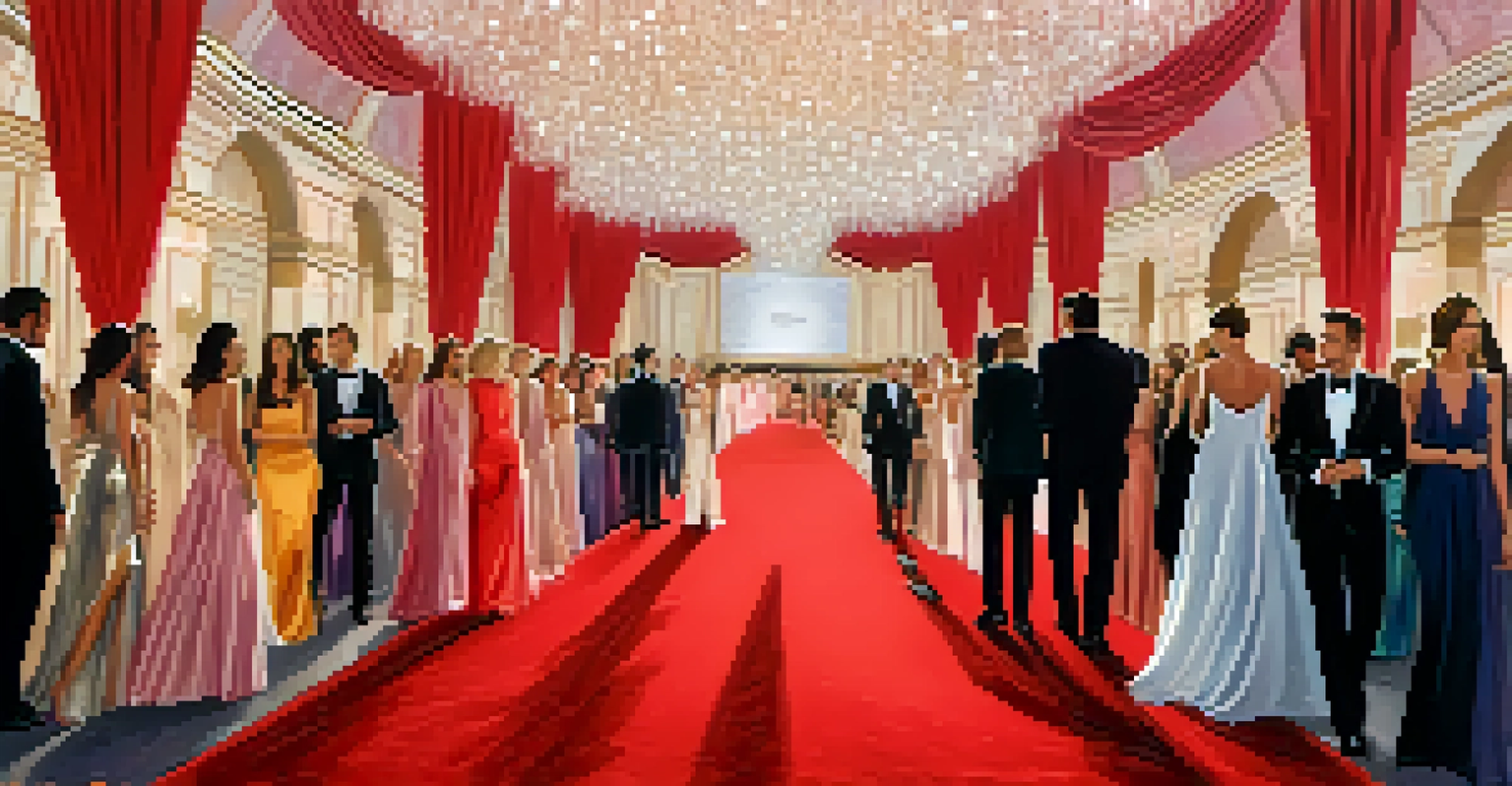 Celebrities on the red carpet wearing glamorous sustainable fashion, illuminated by bright lights with a promotional banner in the background.