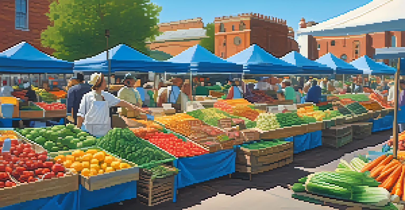 A lively farmer's market with colorful organic produce and artisanal goods, under a bright blue sky, showcasing the importance of ingredient sourcing.
