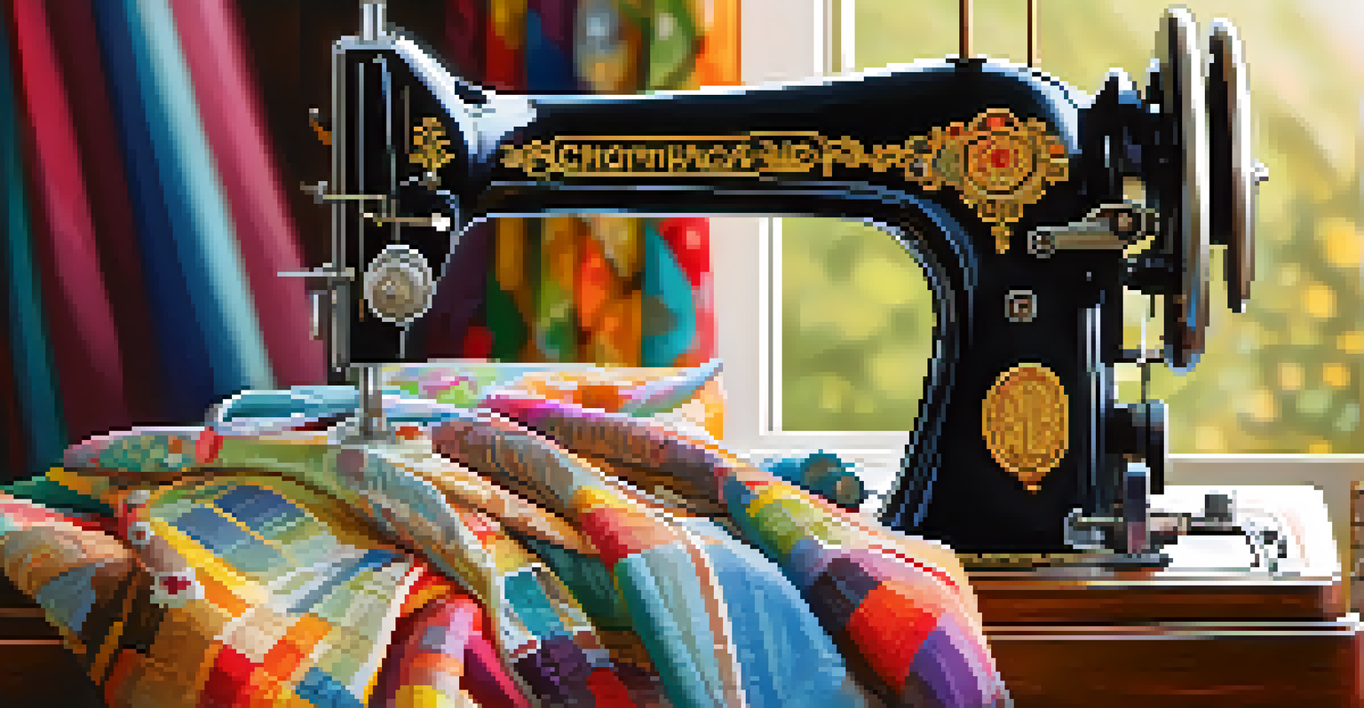 A close-up of a vintage sewing machine on a wooden table with fabric swatches and threads, illuminated by natural light.
