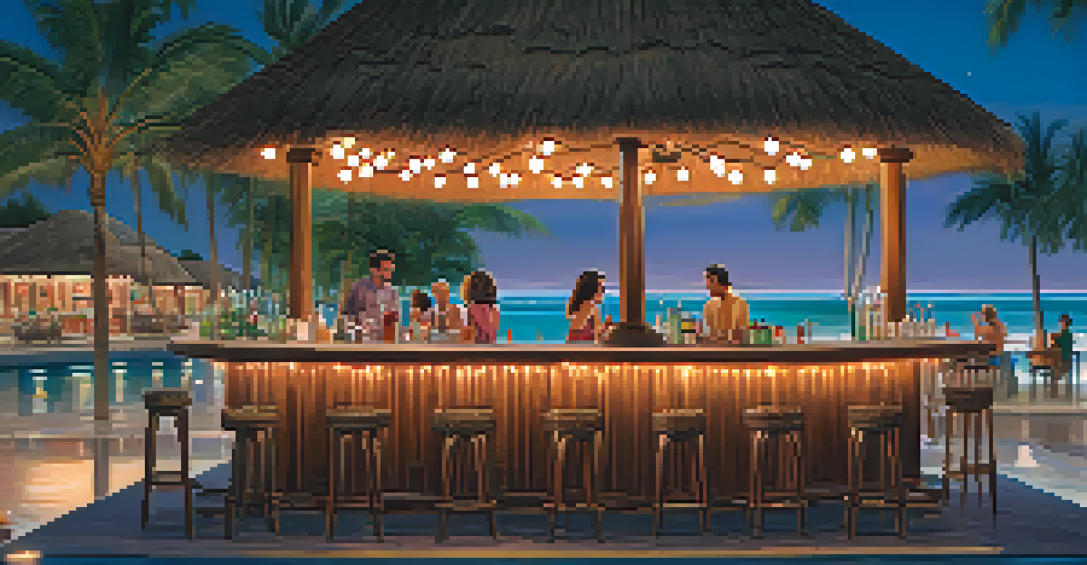 A lively poolside bar with stools and drinks, surrounded by palm trees and illuminated by decorative lights.