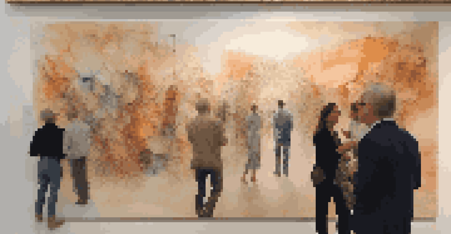 A detailed close-up of a reclaimed materials artwork at a luxury art fair, with attendees blurred in the background.