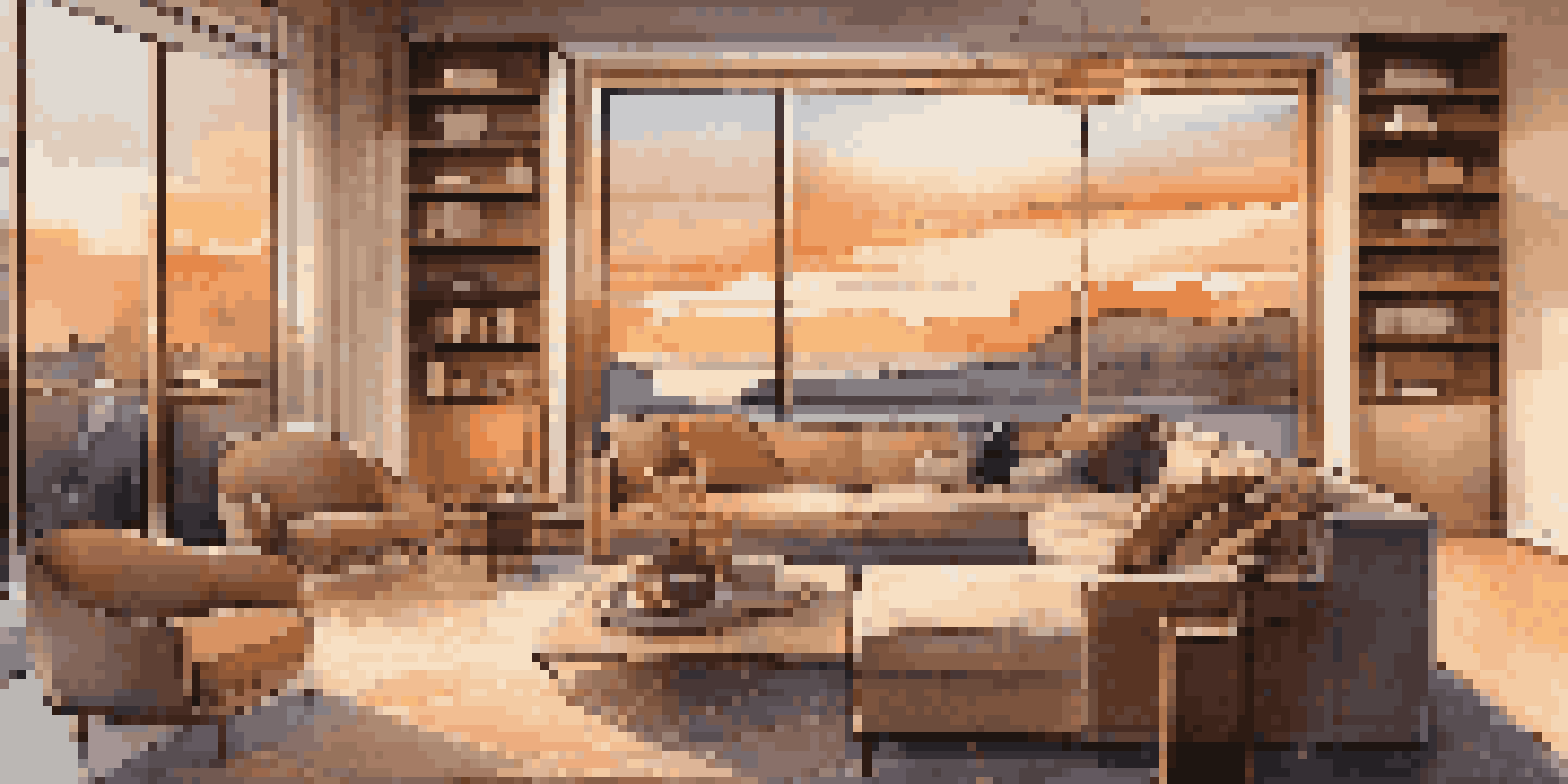 A luxurious living room with smart lighting and automation controls, showcasing a cozy atmosphere and a sunset view through the window.